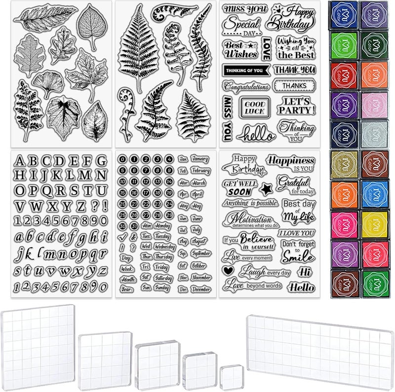 twinklemon 6 Sheets Clear Stamps for Card Making Includes 20 Ink Pad 6 Acrylic Stamp Block Silicone Stamps with Blessing Greeting Leaves Letters Date Stamp for Crafting DIY Scrapbooking Journal - Image 1